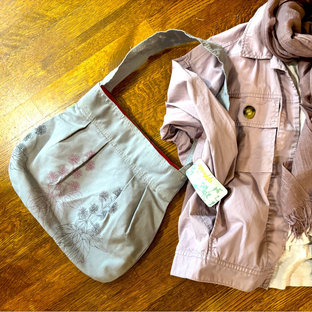 Artisan custom Gray Floral Women's tote/book bag, hand printed, snap closure